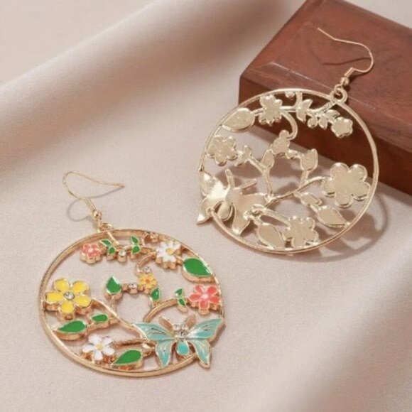 24k Gold Plated Flower Butterfly Water Drop Hoop Earrings - Picture 4 of 6